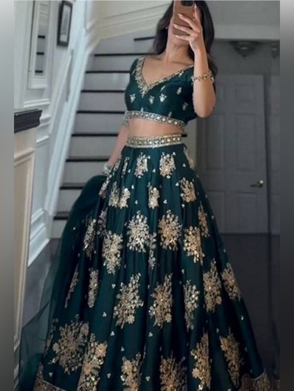 Gorgeous elegant emerald and silver 3 piece - Lengha Choli & Dupatta,NWT